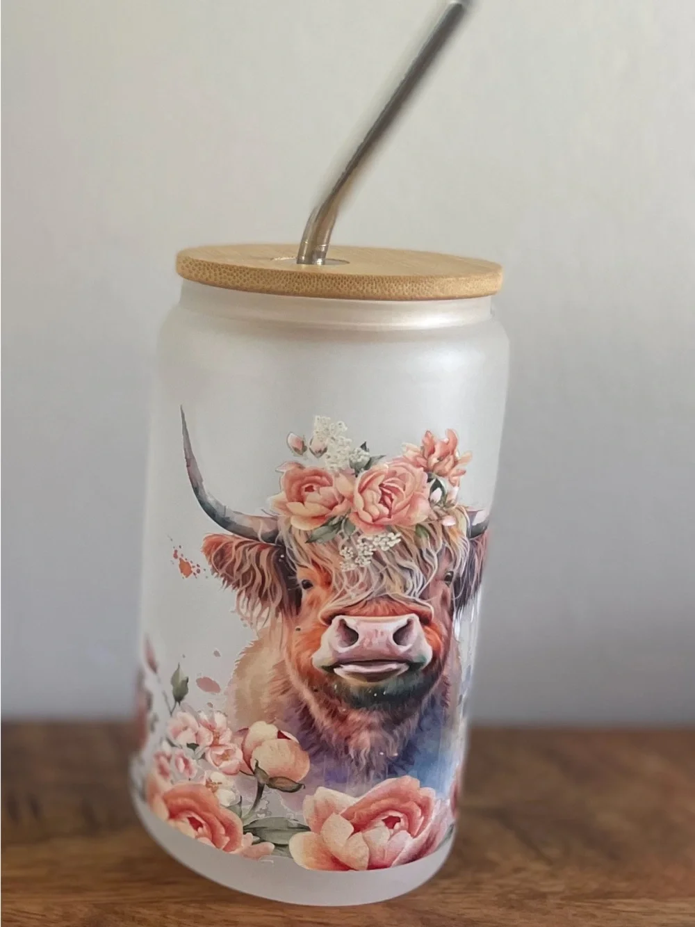 Floral Cow Frosted Glass Tumbler with Bamboo Lid & Metal Straw